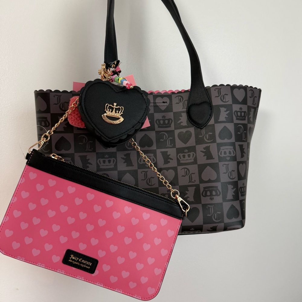 NWT Juicy Couture Tote Bag Set Heart Wristlet Charm JC Print Shoulder Bag tote